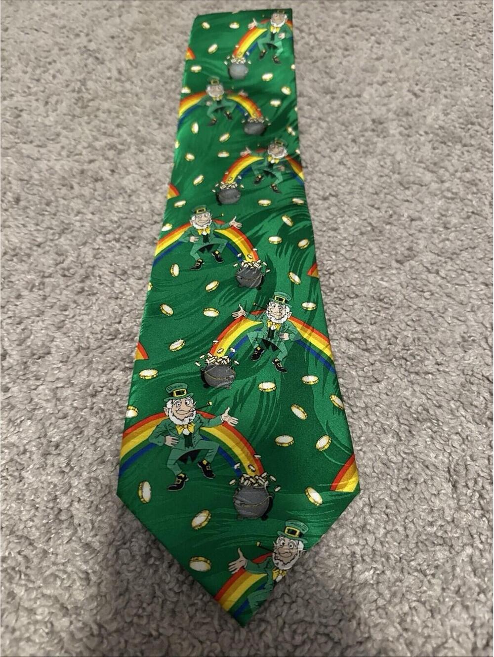 Men's Tie Keith Daniels Green Leprechaun Irish St Patricks Day Rainbows Gold